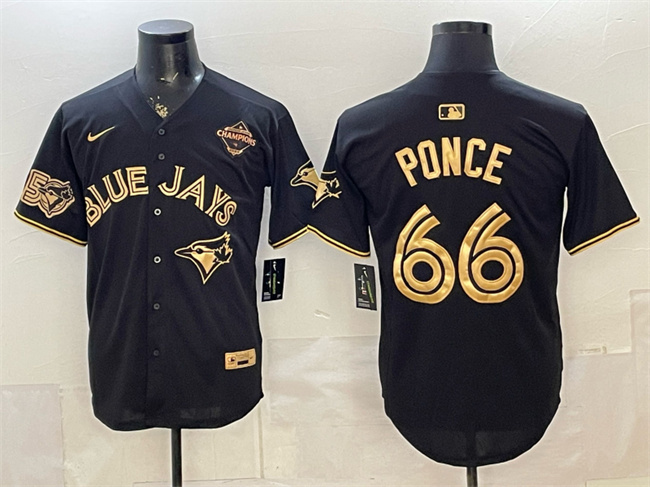 Men's Toronto Blue Jays #66 Cody Ponce Black Gold 2025 American League Champions Limited Stitched Baseball Jersey Men's Toronto Blue Jays #66 Cody Ponce Black Gold 2025 American League Champions Limited Stitched Baseball Jersey